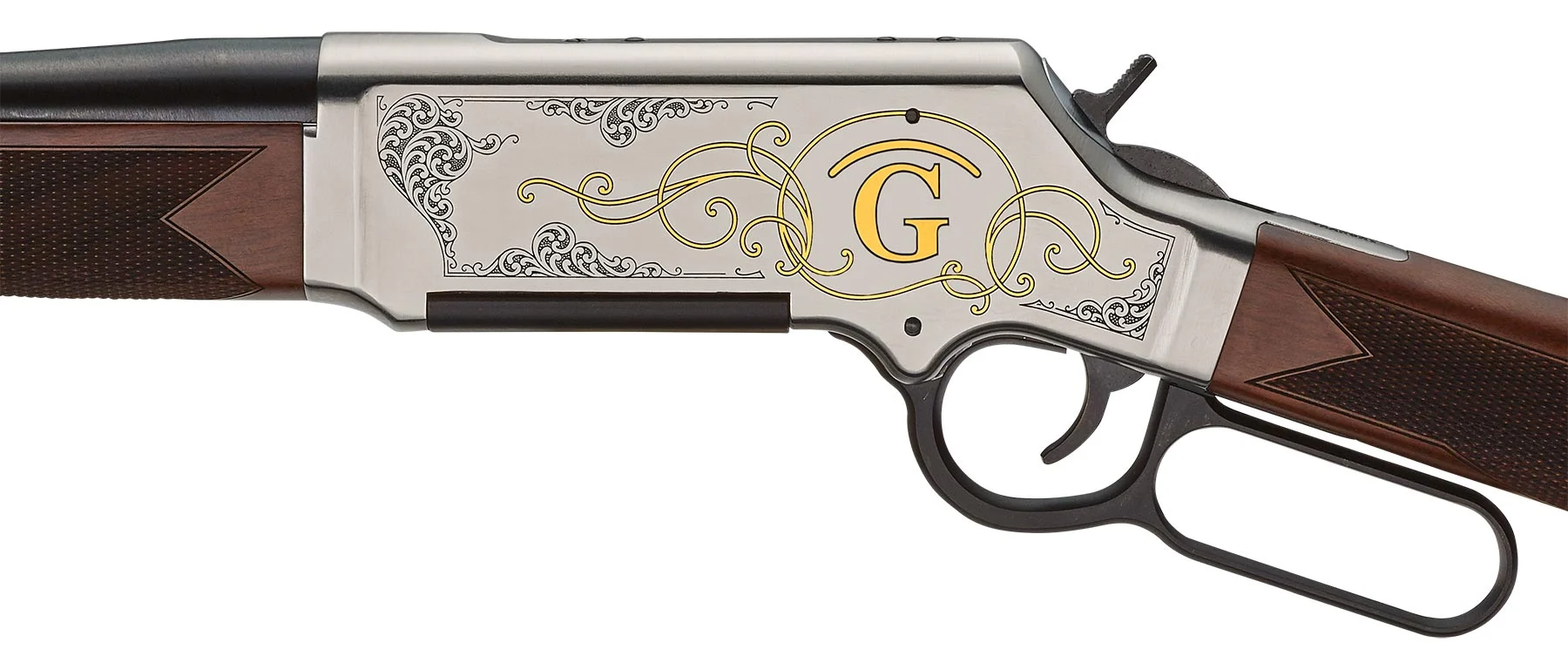 Henry Repeating Arms custom lever-action rifle with engraved ranch branding on receiver