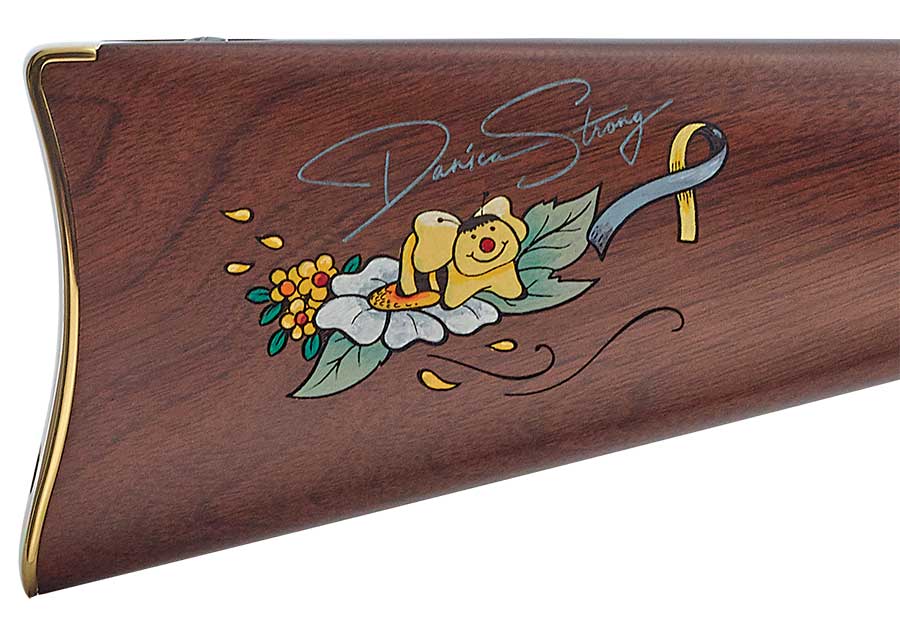 Detailed view of the custom engraved rifle buttstock for the Henry Danica Strong limited-edition rifle