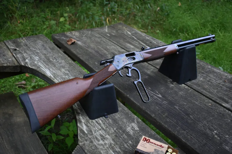 Henry Big Boy Color Case Hardened rifle on a shooting bench