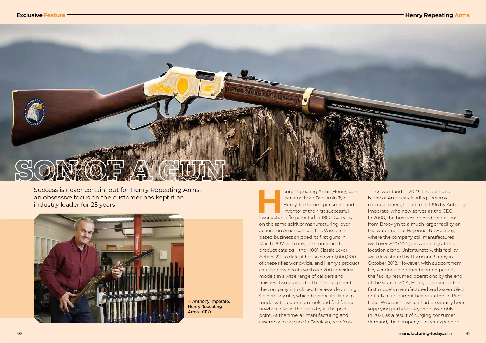 2-page spread of magazine article about Henry Repeating Arms
