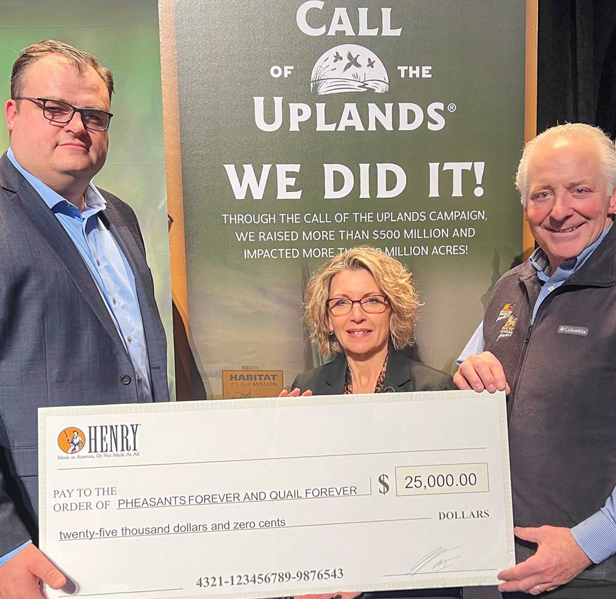 Henry Repeating Arms donates $25,000 check to Pheasants Forever and Quail Forever