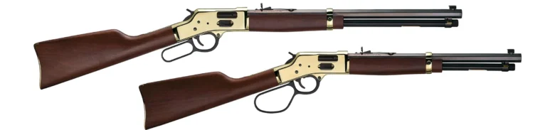 Two Henry lever-action rifles in a wood and brass finish, showcasing the brand's classic American design and craftsmanship.