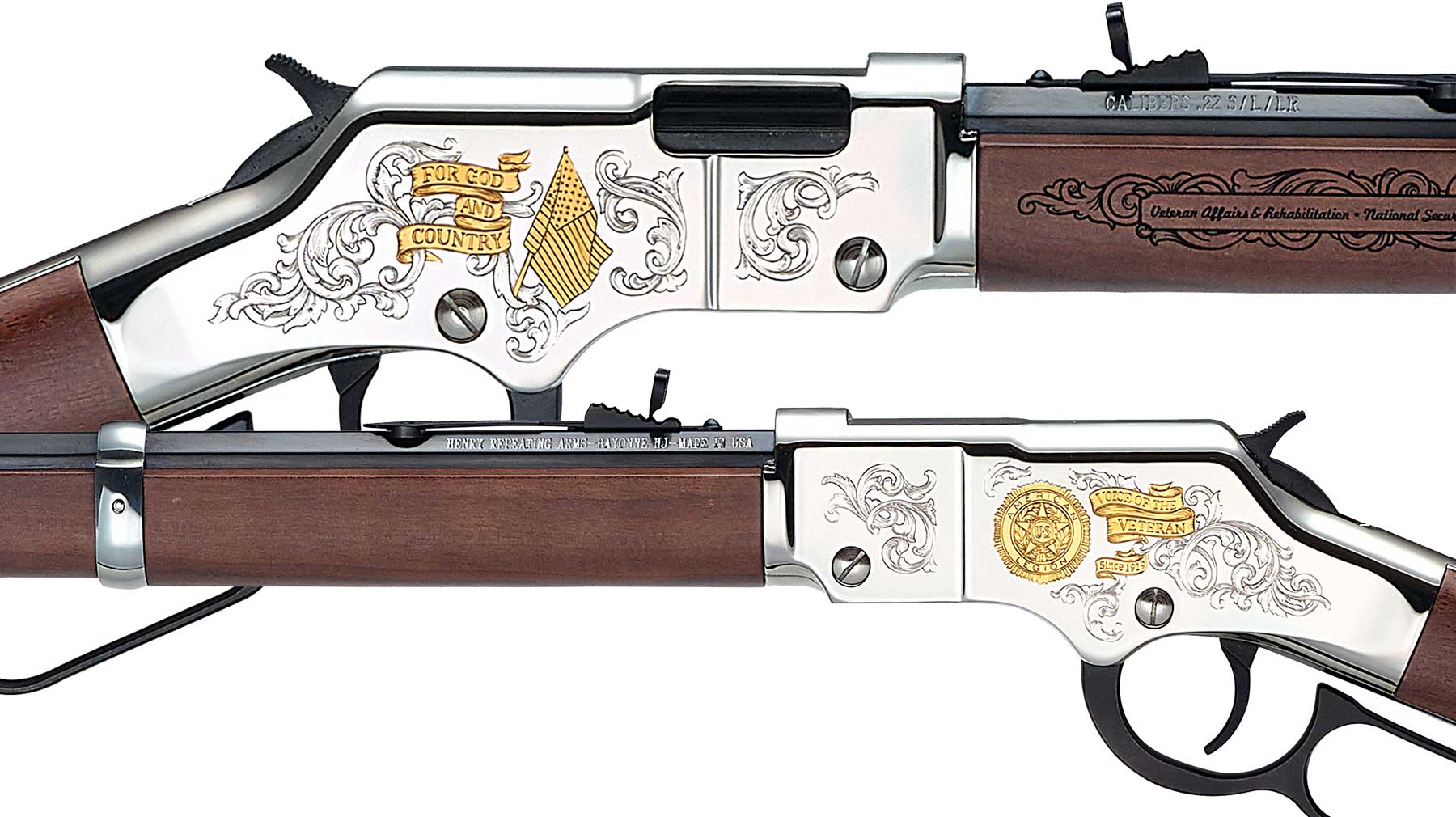 Custom Henry Golden Boy lever-action rifle with engraved department badge design on American walnut stock