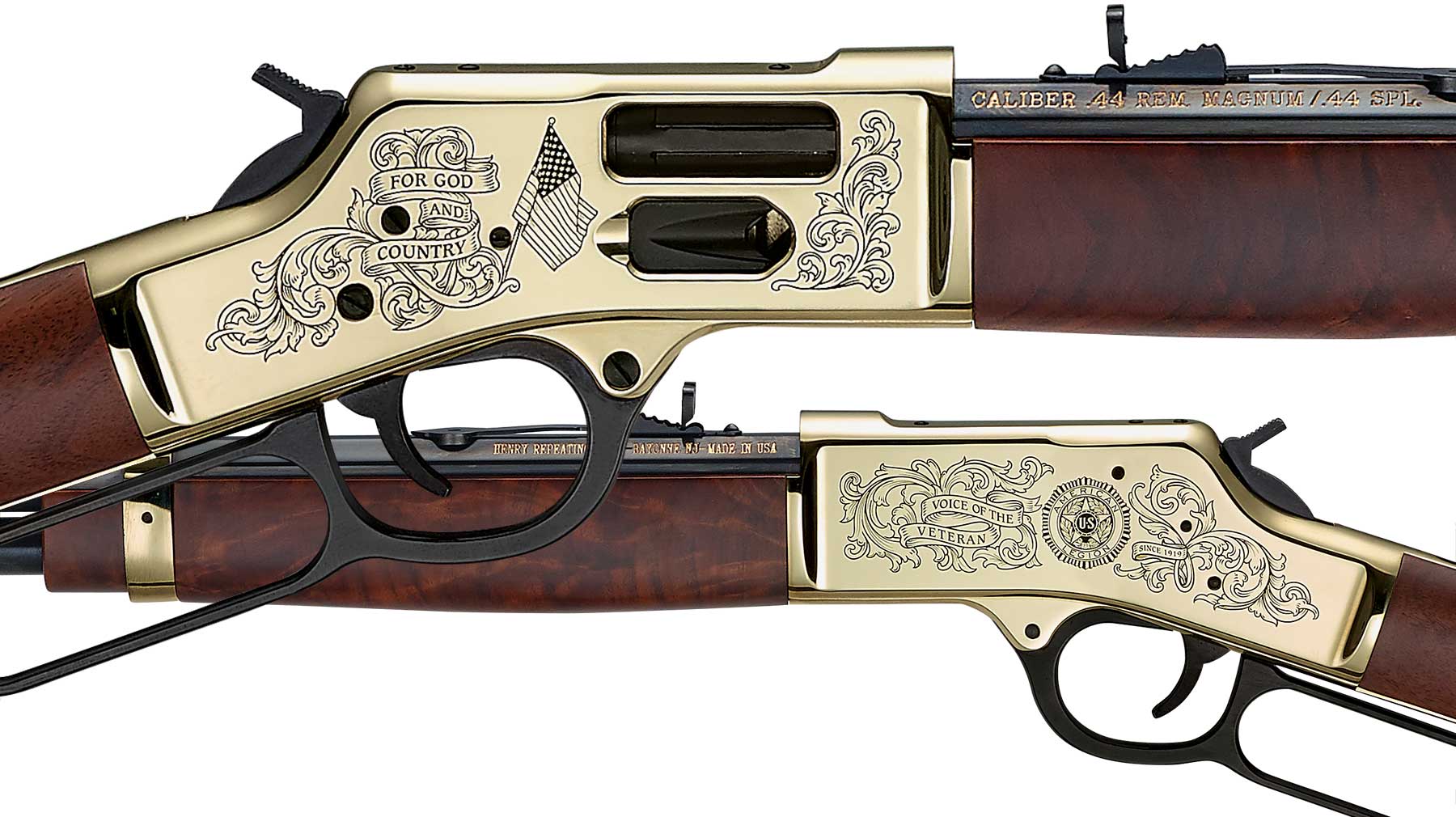 Custom Henry Golden Boy lever-action rifle with engraved department badge design on American walnut stock
