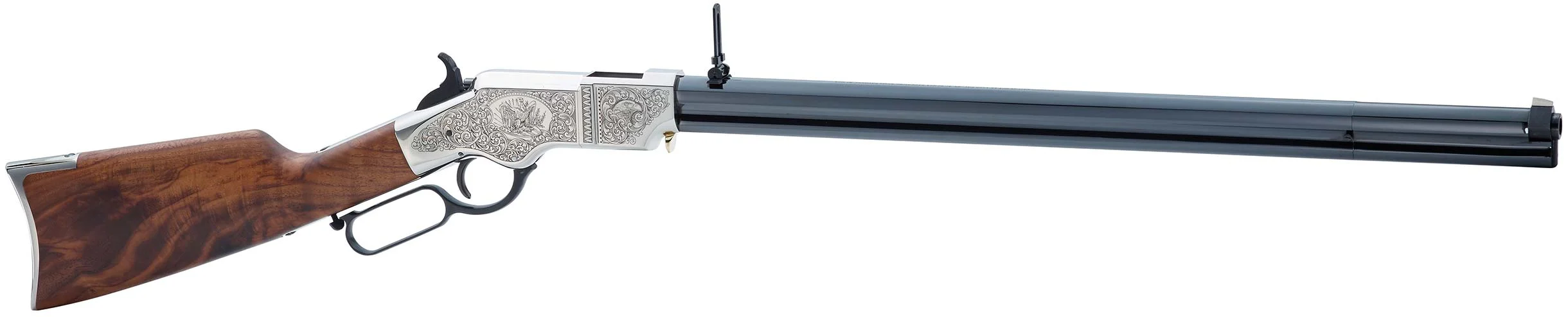 Henry Repeating Arms custom lever-action rifle with wood stock and silver-colored metal parts