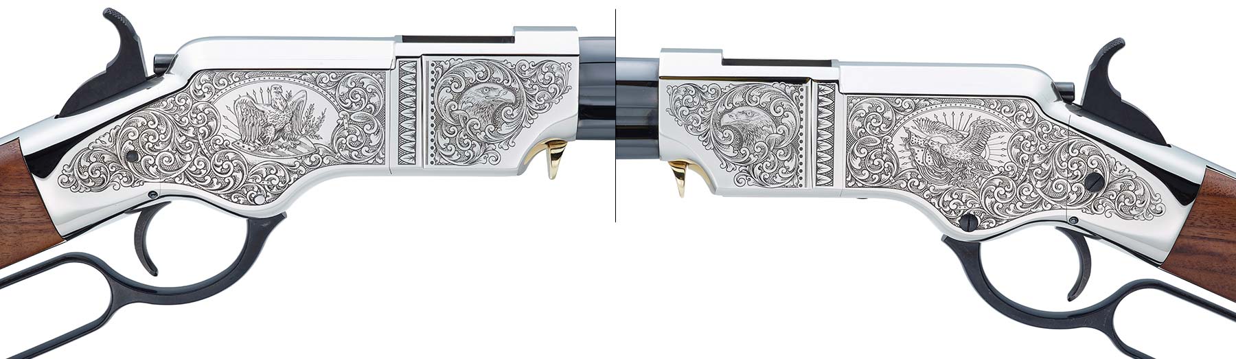 Henry Repeating Arms custom lever-action rifle with wood stock and silver-colored metal parts