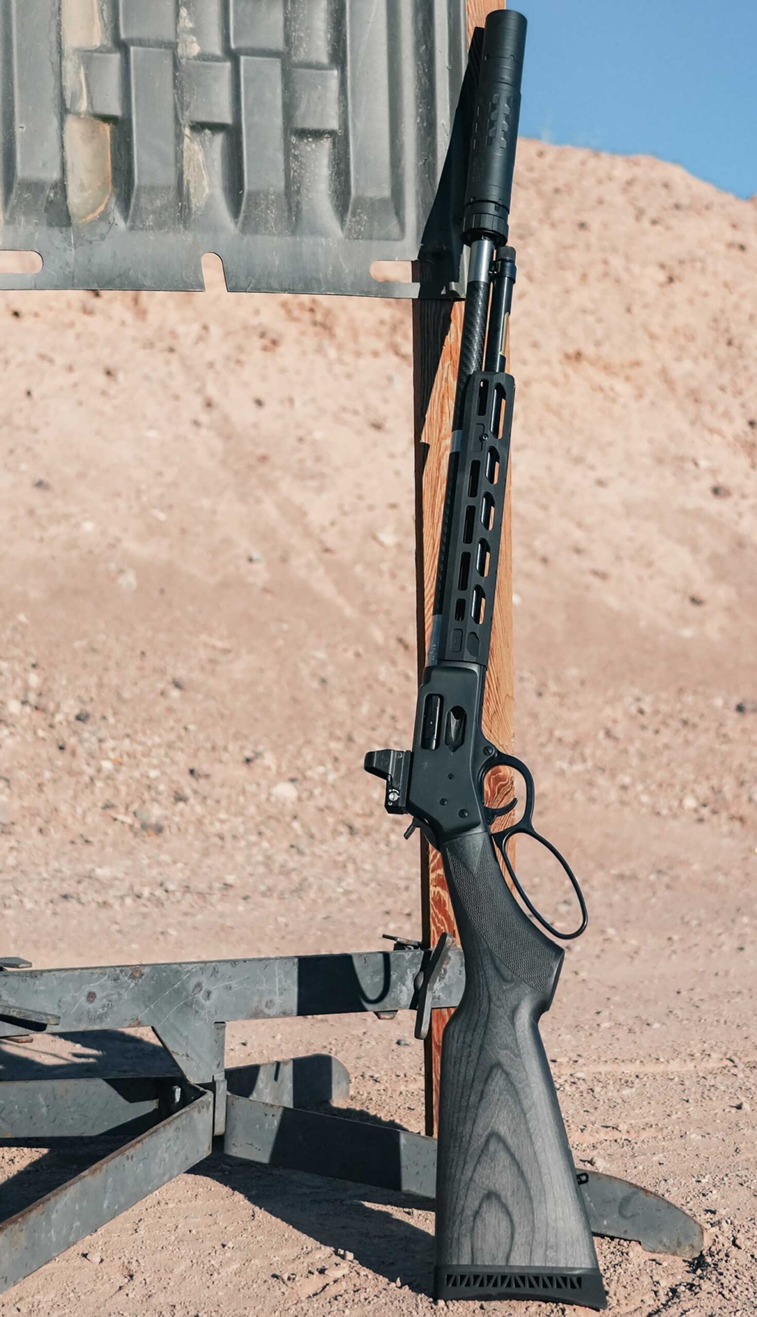 Henry Repeating Arms custom lever-action rifle with wood stock and silver-colored metal parts