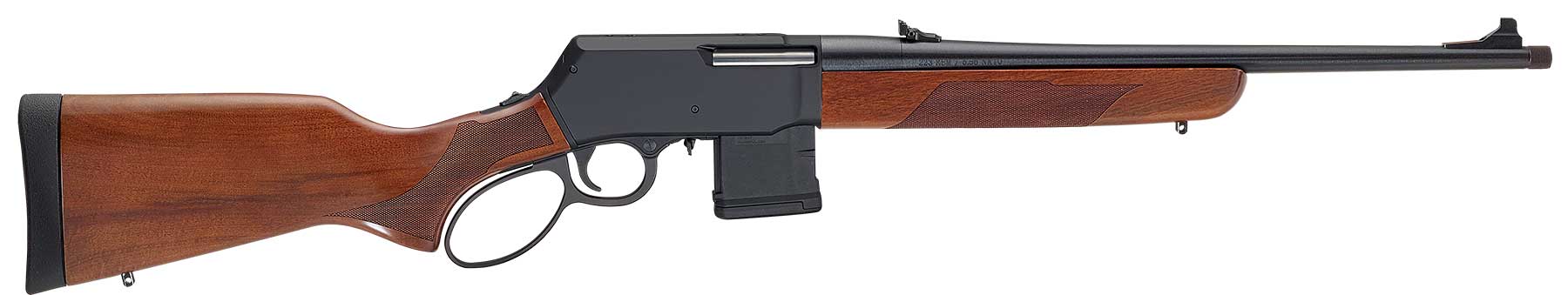 Henry Repeating Arms custom lever-action rifle with wood stock and silver-colored metal parts