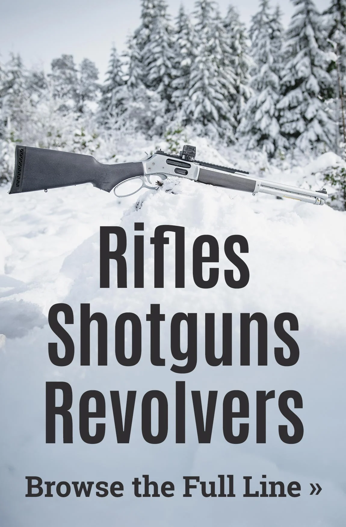 Snow-covered forest with various firearms - rifles, shotguns, and revolvers on display