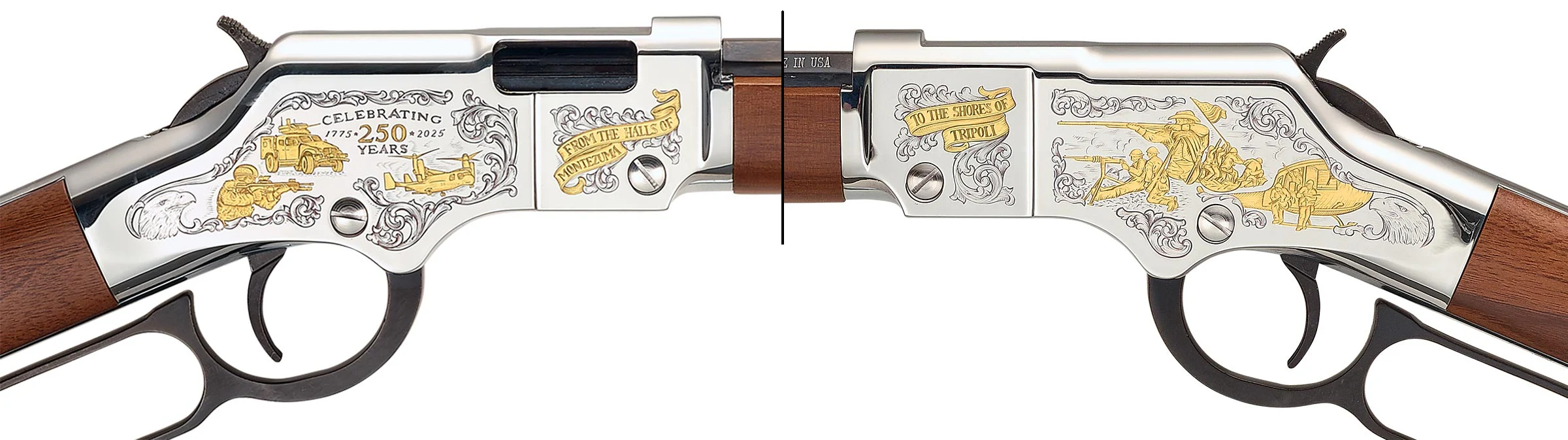 Custom Henry Golden Boy lever-action rifle with engraved department badge design on American walnut stock