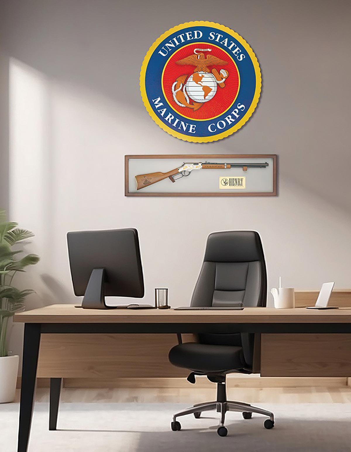 Three men in business suits standing with an award plaque displaying the Henry Repeating Arms logo and branding