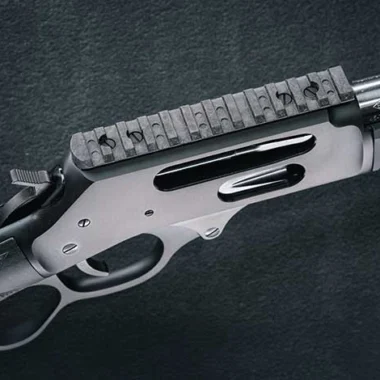 Close-up view of a black tactical lever-action rifle from Henry Repeating Arms