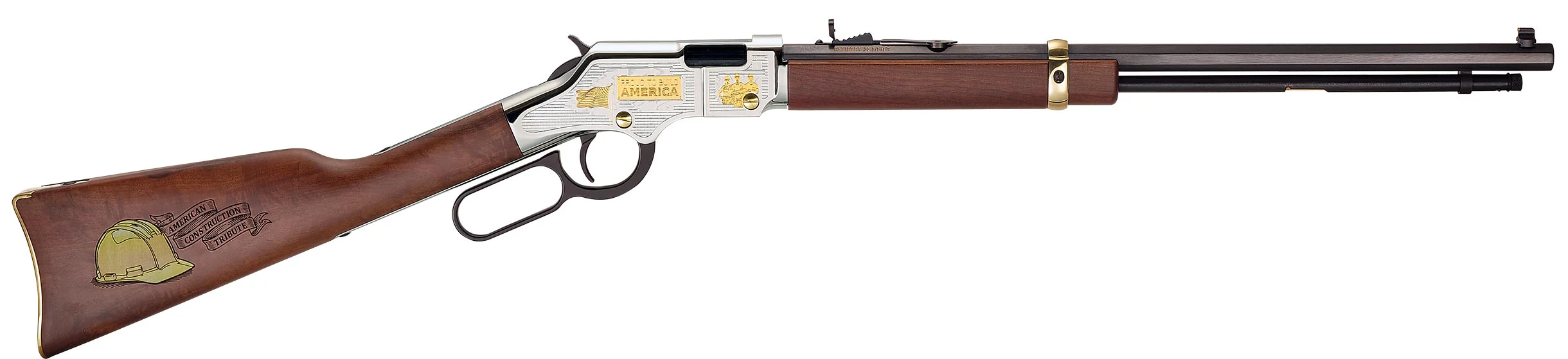 Henry lever-action rifle, a classic American hunting firearm with wooden stock and engraved metal body
