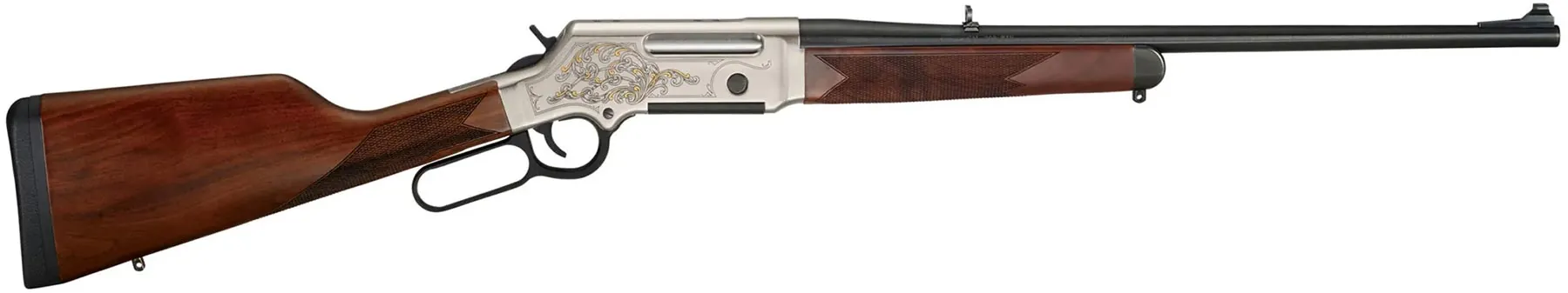 Henry Repeating Arms custom lever-action rifle with wood stock and silver-colored metal parts