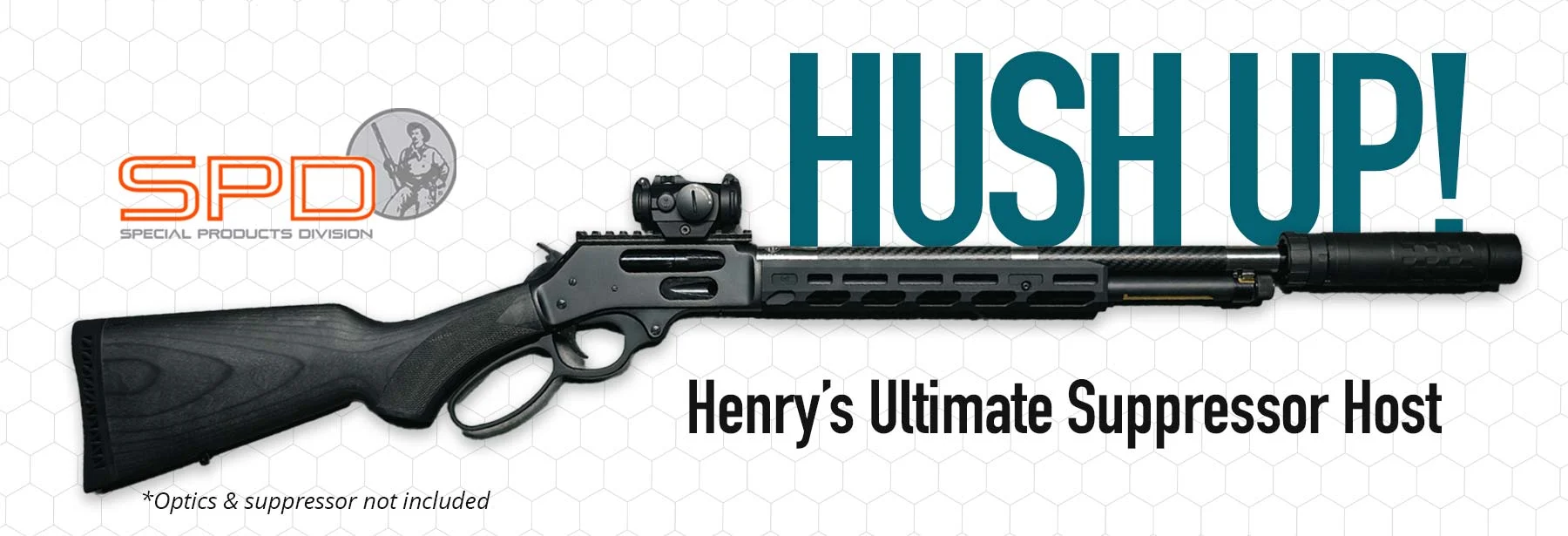 Henry lever-action rifle with suppressor, advertising the 'Hush Up' suppressor host feature
