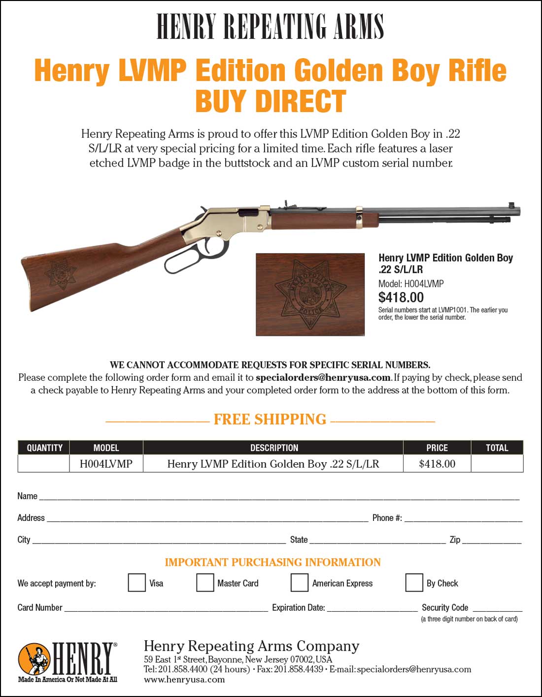 Henry Repeating Arms custom lever-action rifle with wood stock and silver-colored metal parts