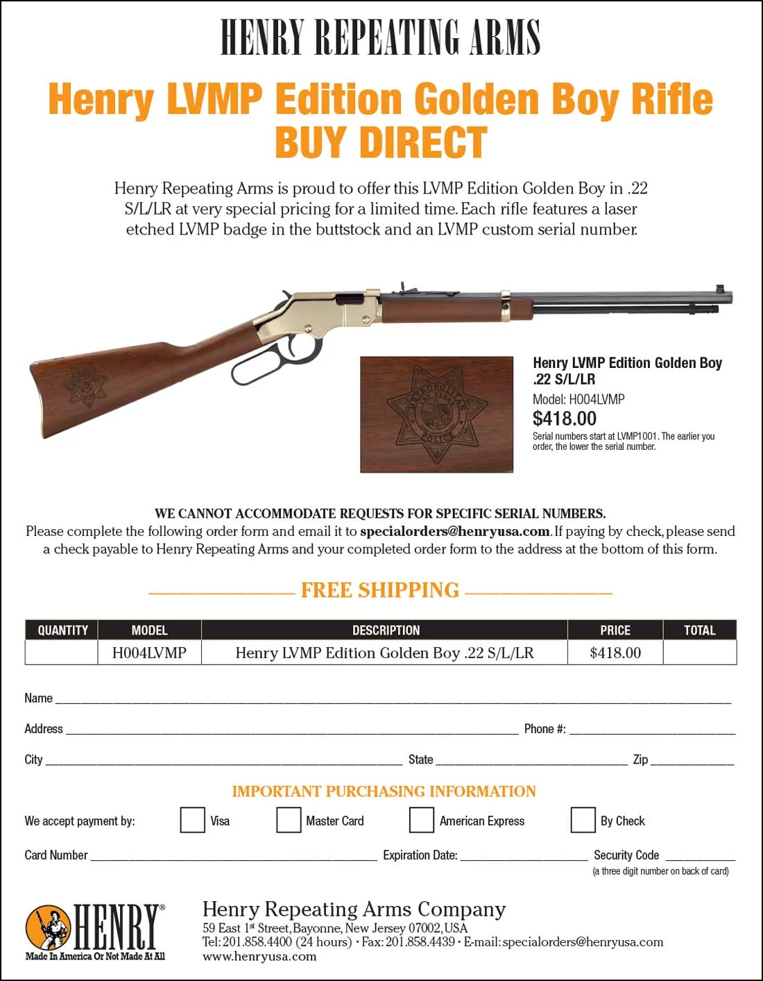 Henry Repeating Arms custom lever-action rifle with wood stock and silver-colored metal parts