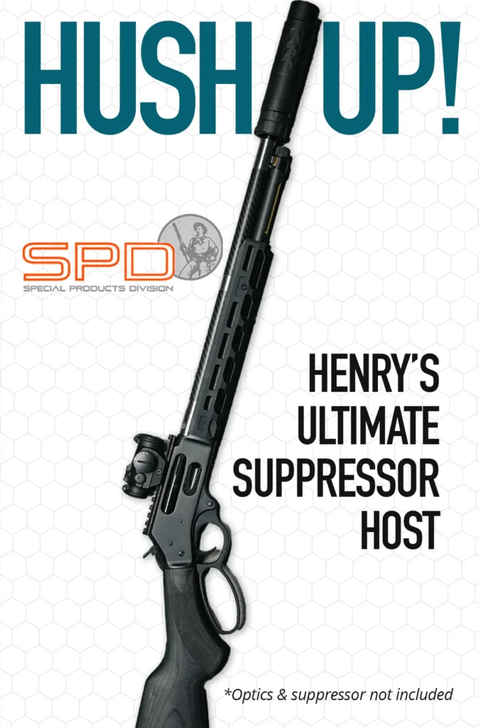Henry Repeating Arms Ultimate Suppressor Host firearm with text overlay advertising its suppressor capabilities