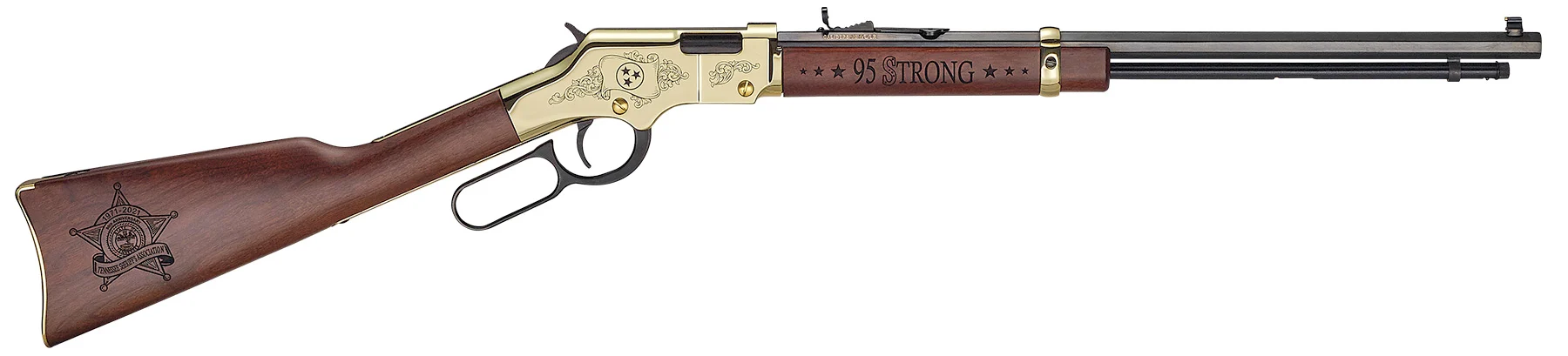 Custom Henry Golden Boy lever-action rifle with engraved department badge design on American walnut stock