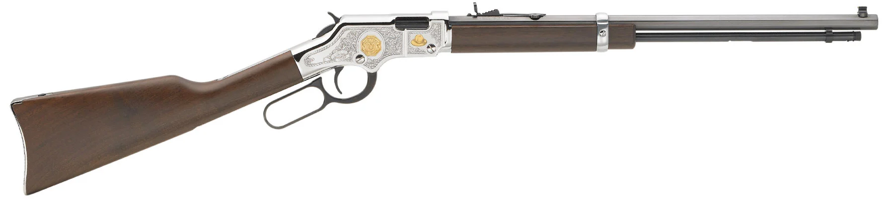 Custom Henry Repeating Arms lever-action rifle with engraved walnut stock for law enforcement