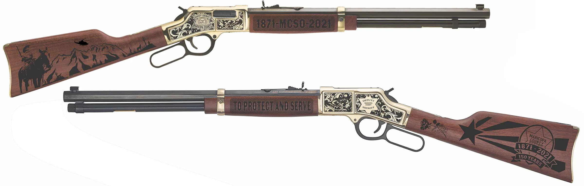 Custom Henry Golden Boy lever-action rifles with unique department engravings