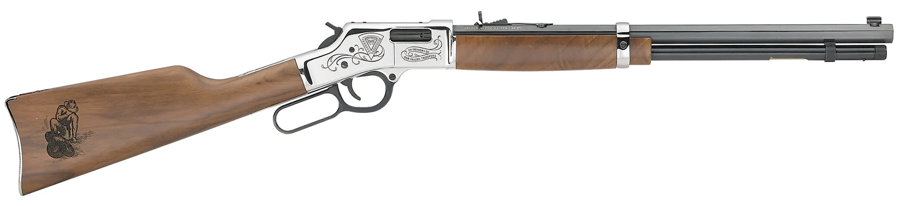 Custom Henry Golden Boy lever-action rifle with engraved department emblem on wooden stock