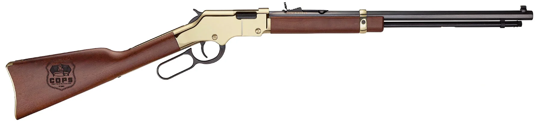 Henry Repeating Arms custom lever-action rifle with department badge engraved on walnut stock