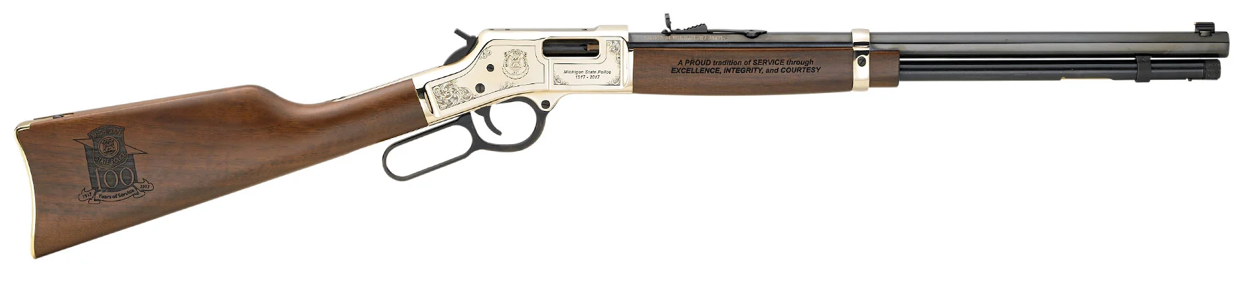 Henry Repeating Arms custom lever-action rifle with wood stock and silver-colored metal parts