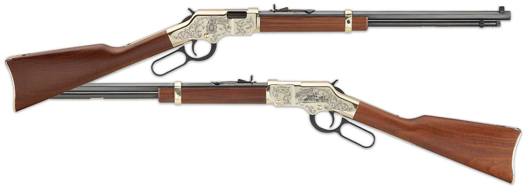 Two-view presentation of a lever-action rifle with a carved, gold-toned receiver, brass accents, and wooden stock.