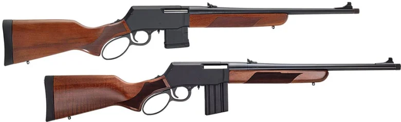 Two rifles with wooden stocks and black receivers laid side by side; top has a fixed magazine, bottom a detachable magazine.