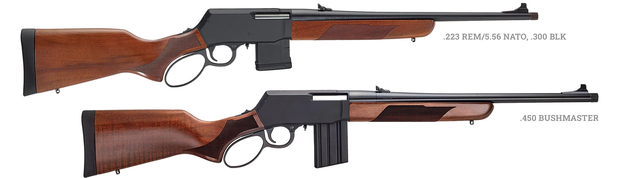 Two rifles with wooden stocks shown side by side; top rifle labeled .223 REM/5.56 NATO, .300 BLK, bottom labeled .450 BUSHMASTER.
