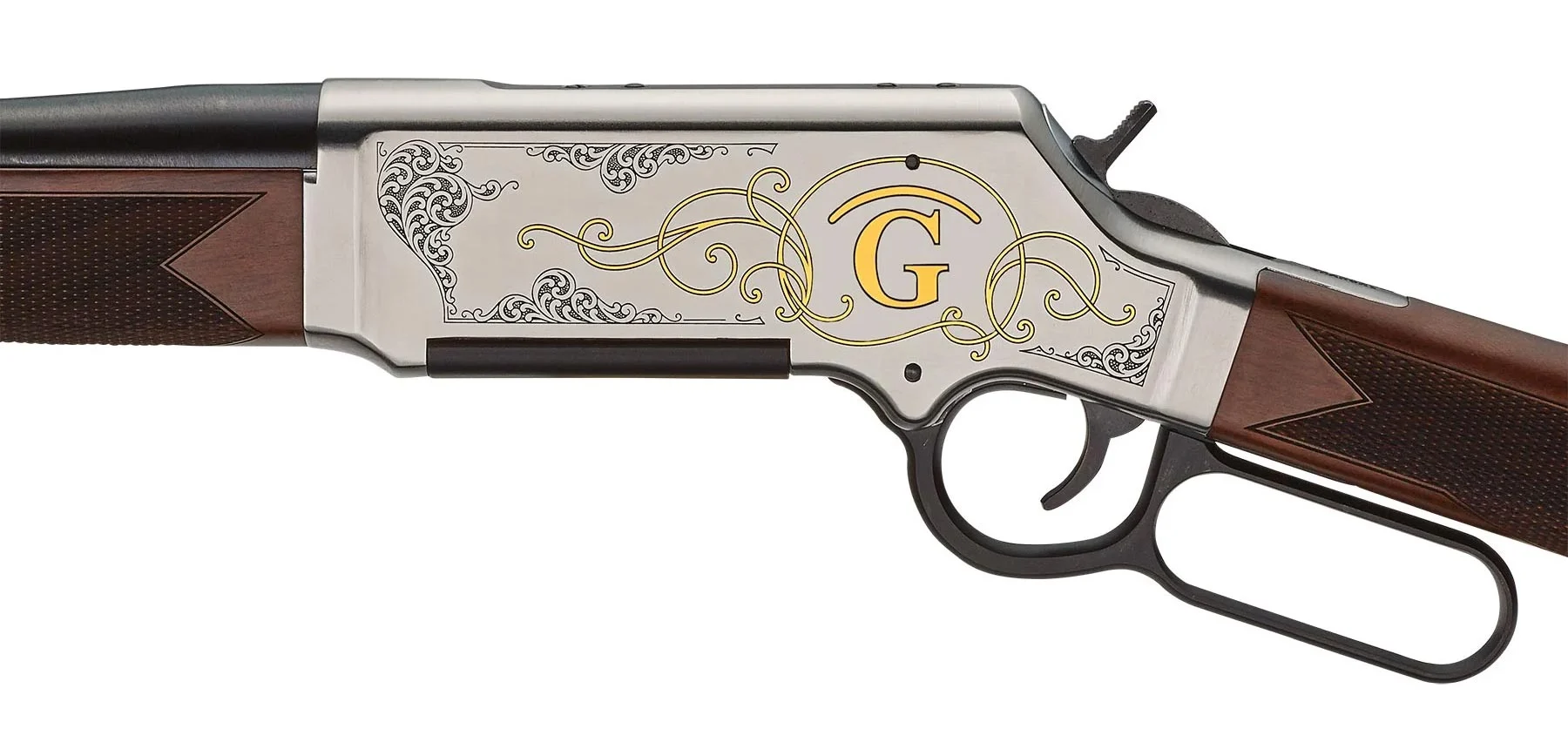 Side view of a lever-action rifle with an ornate engraved silver receiver and gold scrolling initials 'G' against a wooden stock.