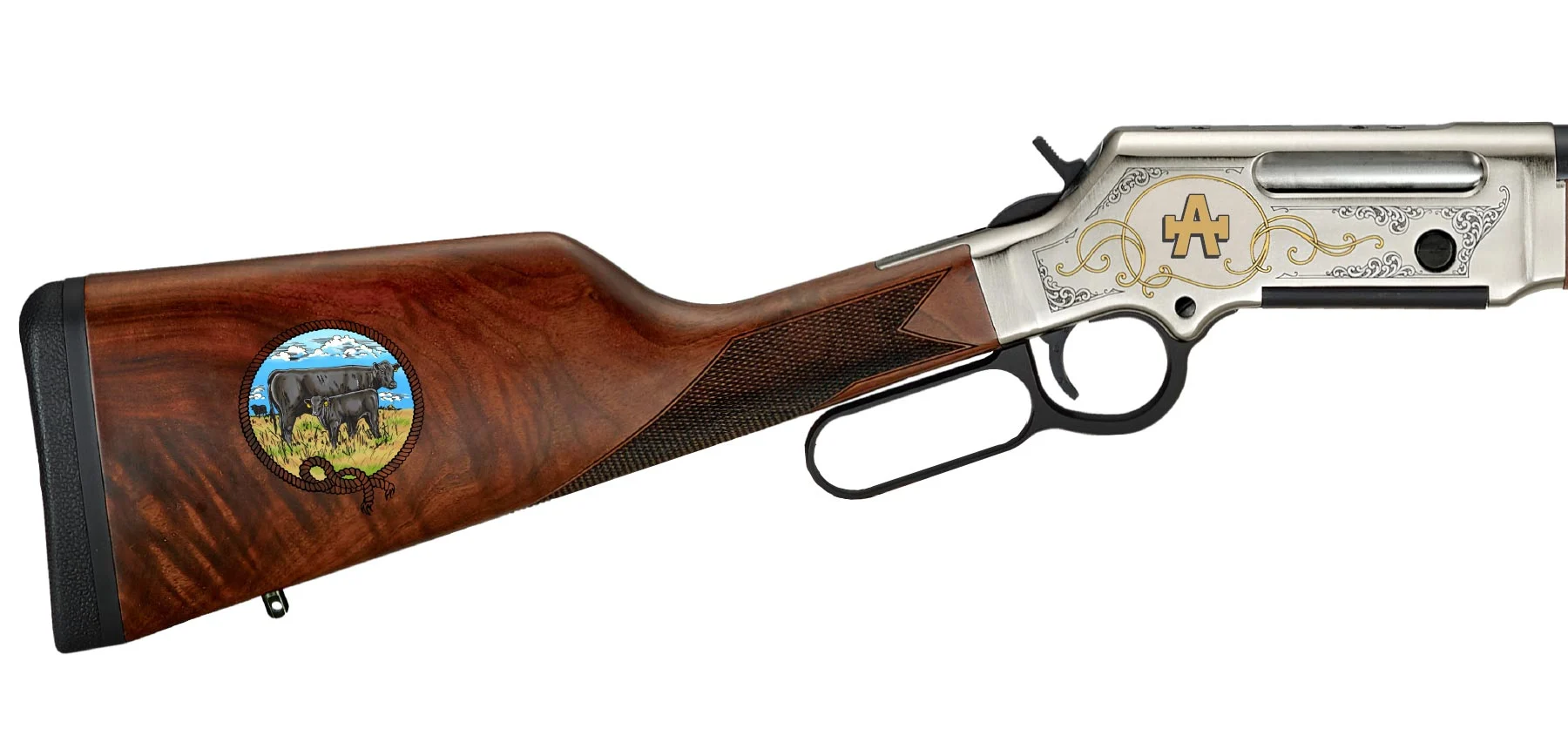 Lever-action rifle with a polished wood stock, silver engraved receiver, and a circular cattle scene decal on the stock