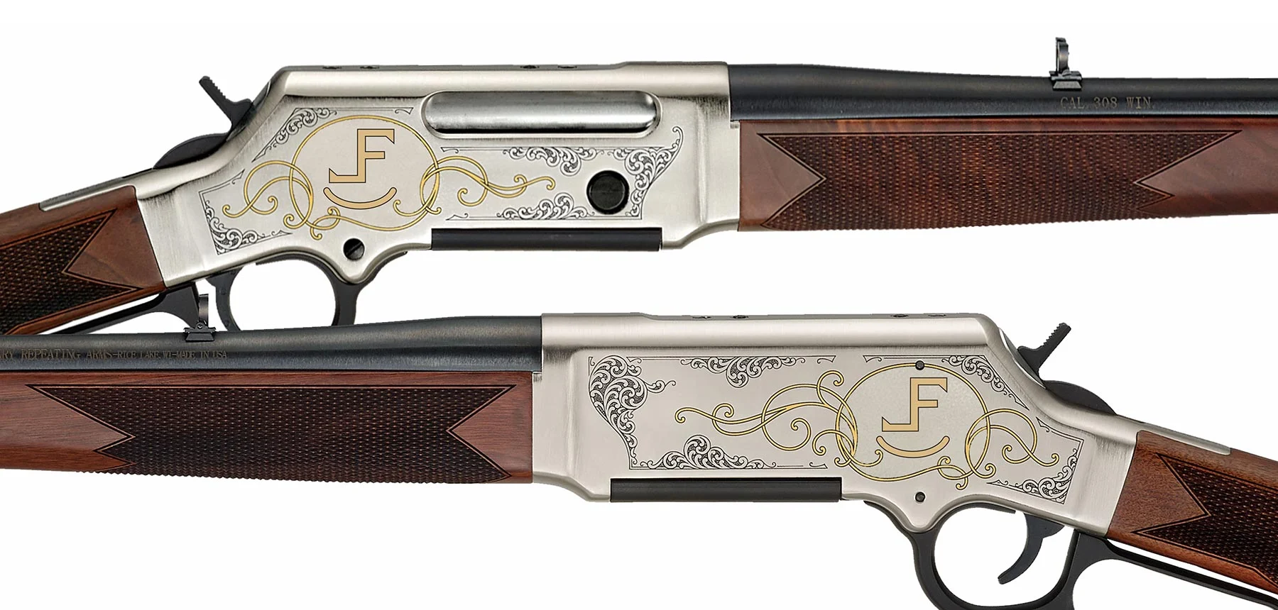 Two side views of a decorative double-barrel shotgun with a silver receiver, gold scrollwork, and checkered wooden stocks.