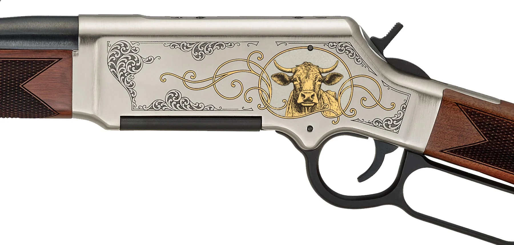 Lever-action rifle with a silver engraved receiver featuring gold scrollwork and a crowned bull head motif, and checkered wooden stocks.