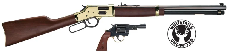 Two firearms: a lever-action rifle with a wooden stock and brass receiver, and a small revolver with a wooden grip, beside a White Tails Unlimited logo.