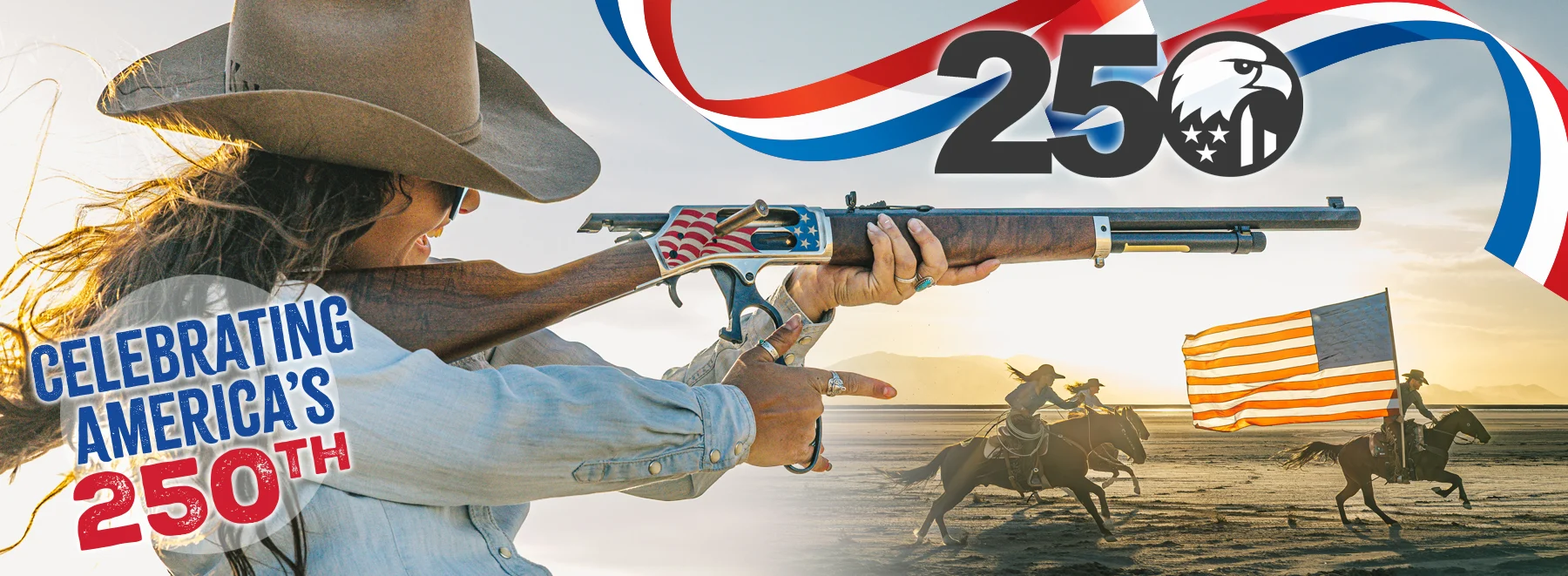 Promotional banner for America's 250th anniversary featuring a woman aiming a rifle, riders on horseback, and a waving American flag motif.