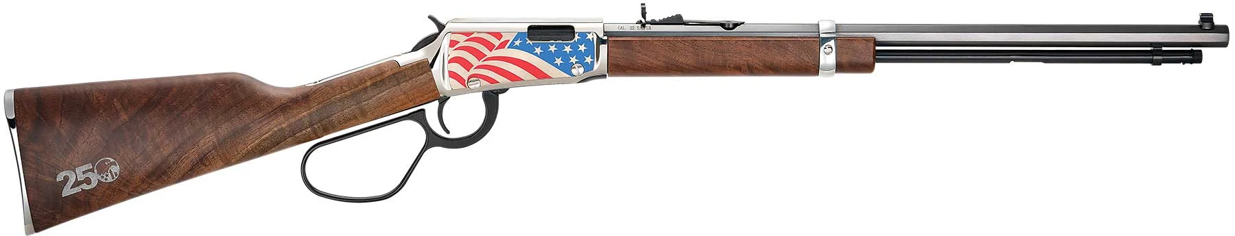 Lever-action rifle with wooden stock and American flag motif on the receiver, shown in profile against a white background