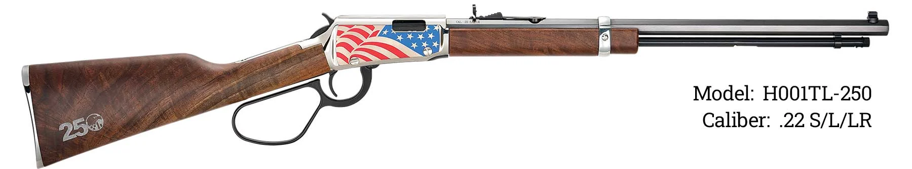 Lever-action rifle with a wooden stock and silver receiver featuring an American flag design; text reads Model: H001TL-250, Caliber: .22 S/L/LR.