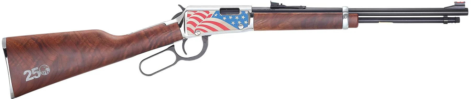Lever-action rifle with a wood stock and forearm, featuring a silver receiver adorned with an American flag design and star pattern on the side.