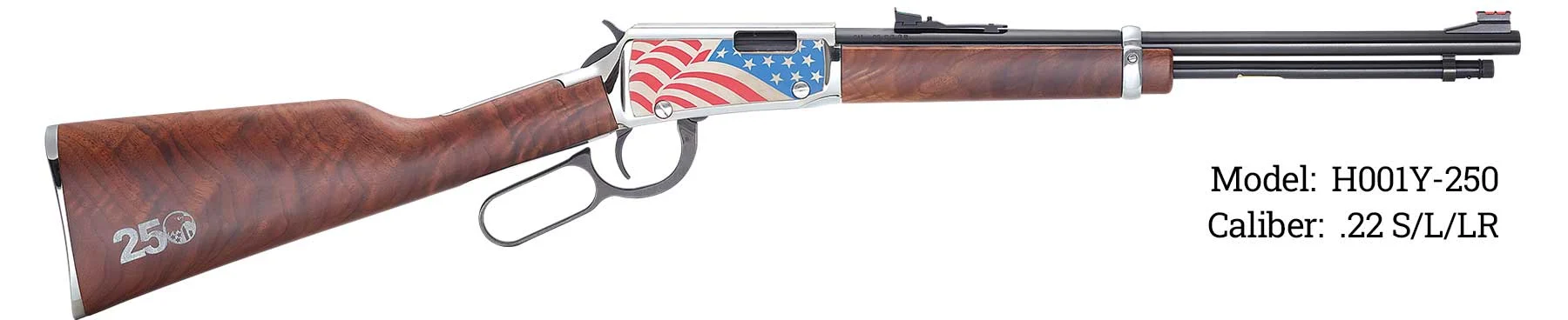 .22 caliber rifle with a brown wooden stock and silver receiver featuring an American flag design; model H001Y-250, Caliber .22 S/L/LR (text on the right).