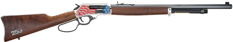 Lever-action rifle with a wooden stock and US flag-themed receiver, facing right.‎