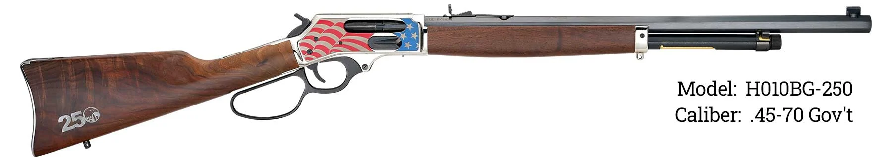 Lever-action rifle with a wooden stock and American flag design on the receiver; model H010BG-250, .45-70 Gov't caliber.