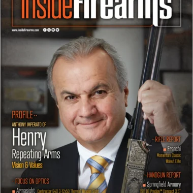 Magazine cover featuring a smiling man in a suit holding a decorative shotgun, 'Inside Firearms' title across top, Spring Issue 2026, profile on Henry Repeating Arms, latest tactical gear and ammo roundup on cover