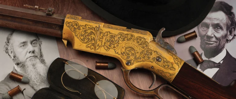 Engraved brass rifle shown with portraits of Edwin Stanton and Abraham Lincoln