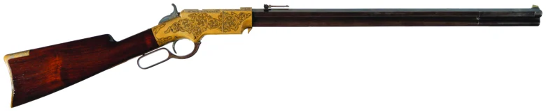 Full-length image of an engraved brass rifle