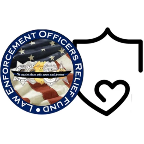 Circular seal reading 'Law Enforcement Officers Relief Fund' with an American flag and badge imagery, beside a black heart-inside-shield outline, symbolizing support for officers