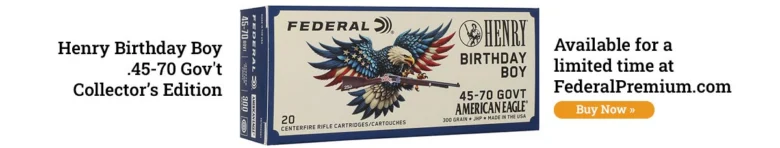 Product box for Federal Henry Birthday Boy .45-70 Gov't American Eagle collector’s edition; promotional copy on the sides advertising limited availability.