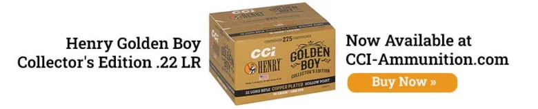 Boxed Henry Golden Boy Collector's Edition .22 LR ammunition flanked by promotional text and a Buy Now button reading 'Now Available at CCI-Ammunition.com' with an orange pill-shaped button on the right.