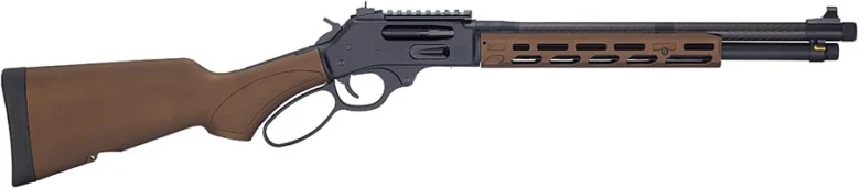 Lever-action rifle with a wooden stock and brown ventilated fore-end, shown from the side